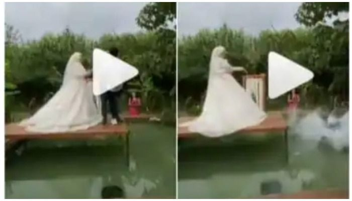 La mariée fait une farce pendant la séance photo de mariage, pousse le marié et le photographe dans la piscine
