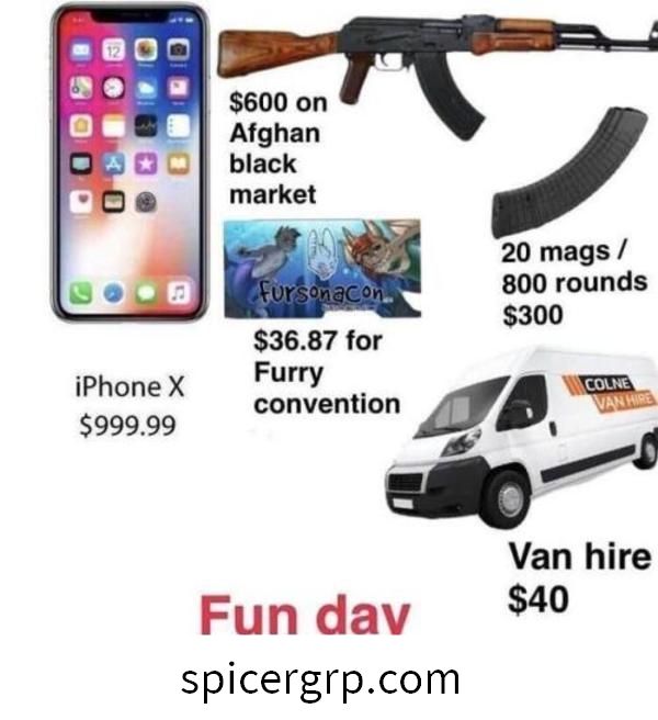 iPhone X 999,99 $ 600 $ al mercat negre afganès 20 vendes / 800 rondes 300 $ 36,87 $ per a la convenció Furry Lloguer de furgonetes 40 $ Divertit dia = 976,87 $