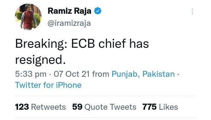 Ramiz Raja „chybně“ tweetuje o rezignaci předsedy ECB