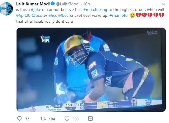 Lalit Modi alega que a manipulação de resultados ocorreu durante a partida do IPL