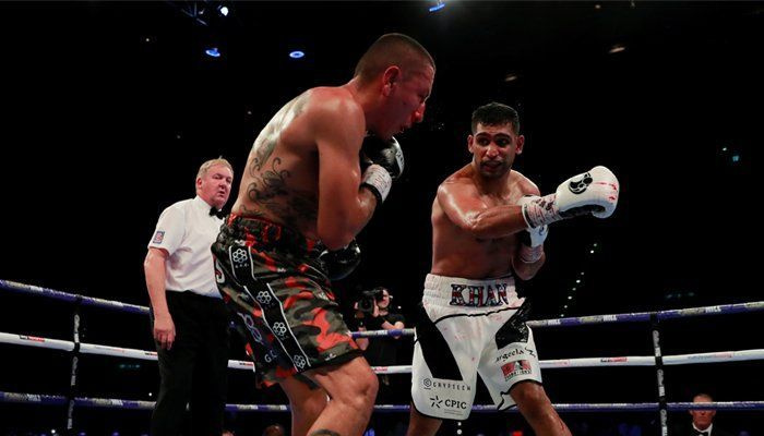 Amir Khan de Gran Bretanya en acció contra Samuel Vargas de Colòmbia a Arena Birmingham, Gran Bretanya, 8 de setembre de 2018. Imatges d