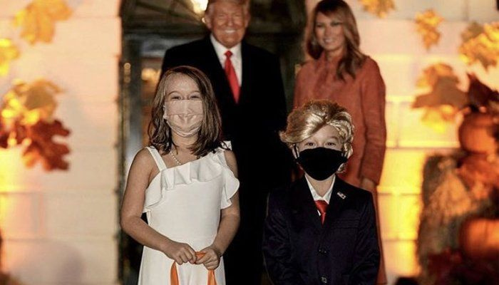 Halloween: Trumpiksi pukeutuneet lapset, Melania poseeraavat Yhdysvaltain presidentin, ensimmäisen naisen kanssa